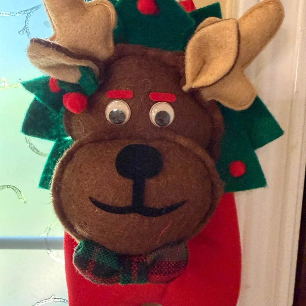 VTG Plush Reindeer Christmas Welcome Hanging Banner door sign felt fabric Xmas